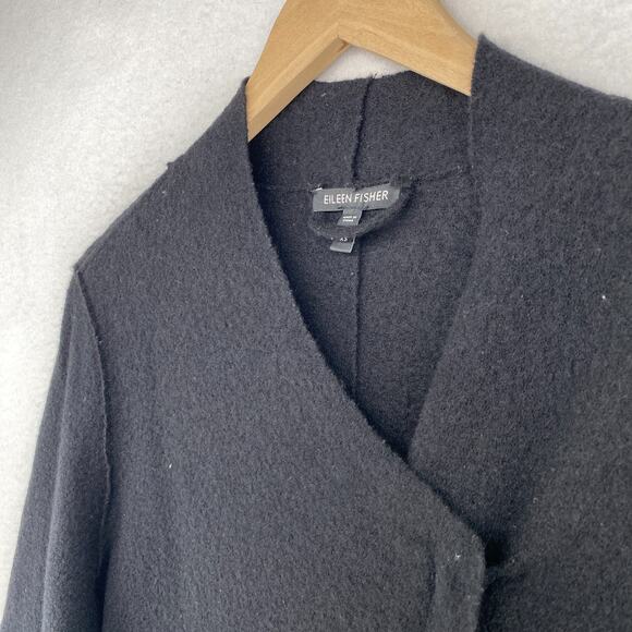 EILEEN FISHER Jacket XS Boiled Merino Wool Mid Length Coat Asymmetric Zip Black - Picture 2 of 12